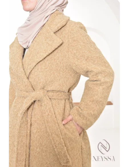women's straight-cut coat in curly wool-type fabric, winter 2024