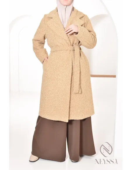 women's straight-cut coat in curly wool-type fabric, winter 2024