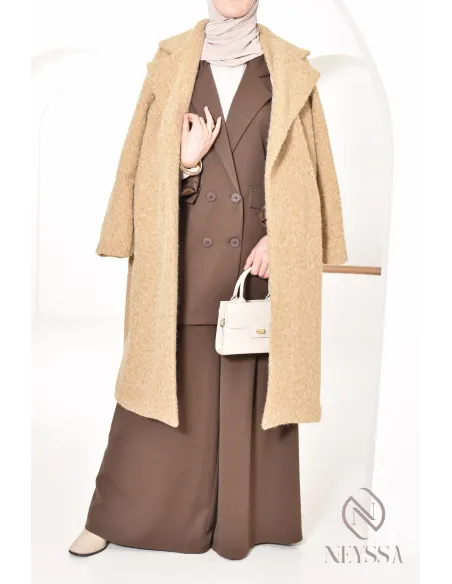 women's straight-cut coat in curly wool-type fabric, winter 2024
