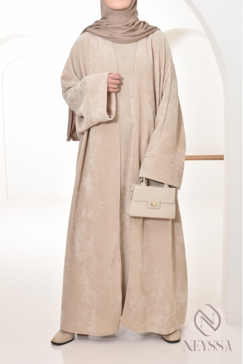 ensemble femme beige abaya sans manches et kimono en velours