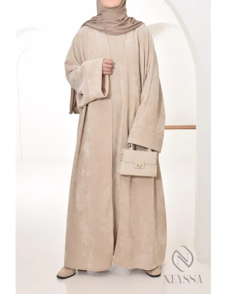 beige abaya and velvet kimono set
