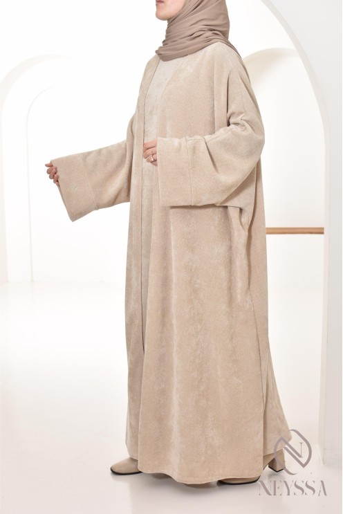 ensemble femme beige abaya sans manches et kimono en velours