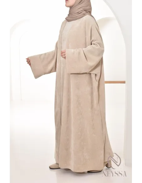 beige abaya and velvet kimono set