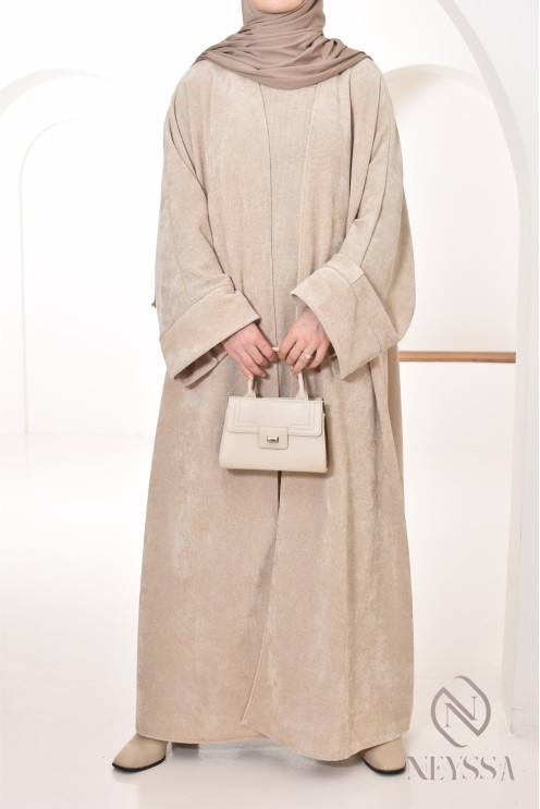 beige abaya and velvet kimono set