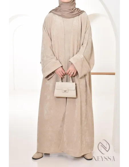 ensemble femme beige abaya sans manches et kimono en velours