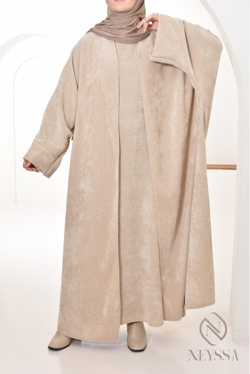 beigefarbenes Damen-Ensemble aus ärmelloser Abaya und Kimono aus Samt