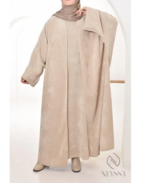 beige abaya and velvet kimono set