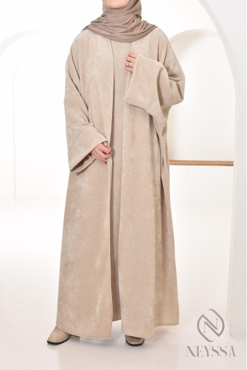 beige abaya and velvet kimono set