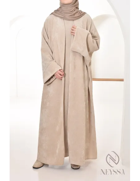beige abaya and velvet kimono set