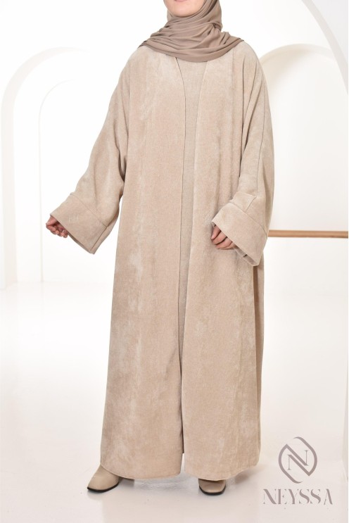 beigefarbenes Damen-Ensemble aus ärmelloser Abaya und Kimono aus Samt