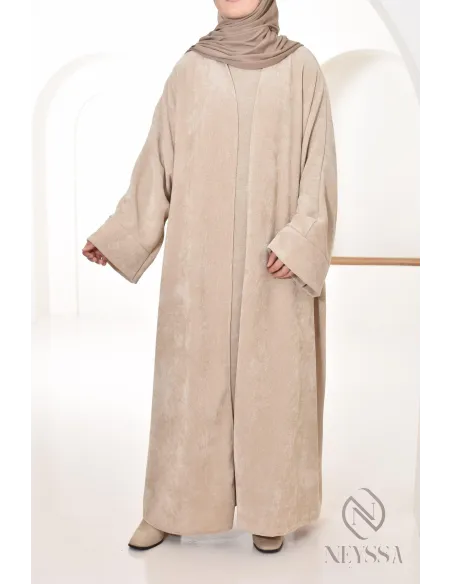 beigefarbenes Damen-Ensemble aus ärmelloser Abaya und Kimono aus Samt