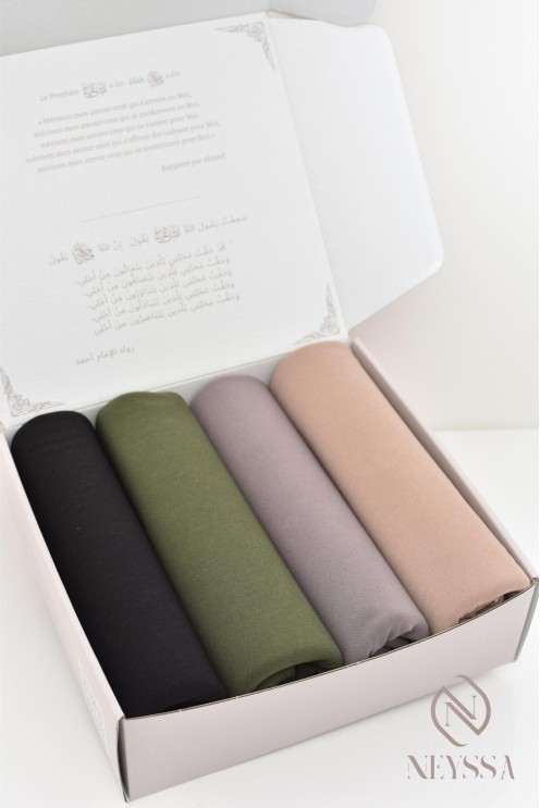 Box femme 4 hijab jersey premium haute qualité idées cadeau musulmane