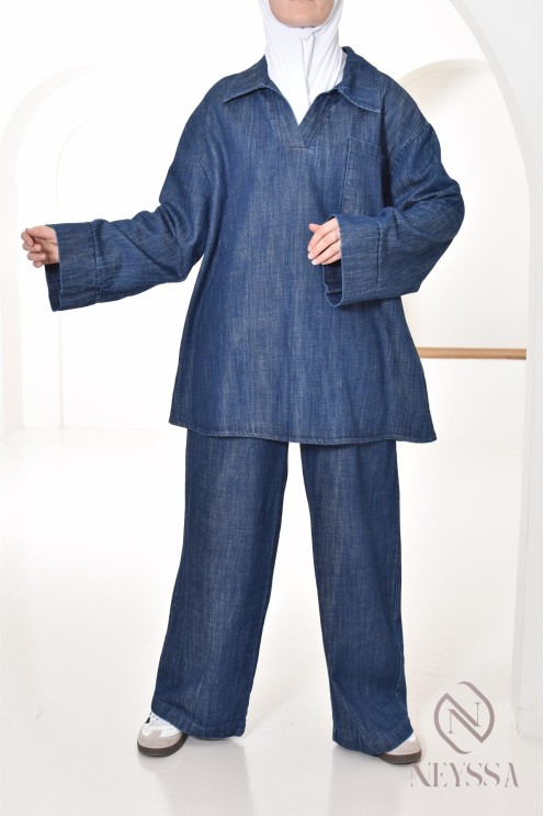 ensemble femme chemise et pantalon effet jean, look tendance modeste