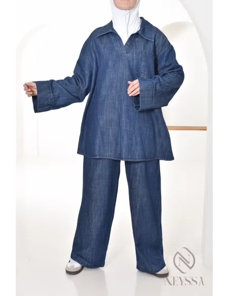 ensemble femme chemise et pantalon effet jean, look tendance modeste