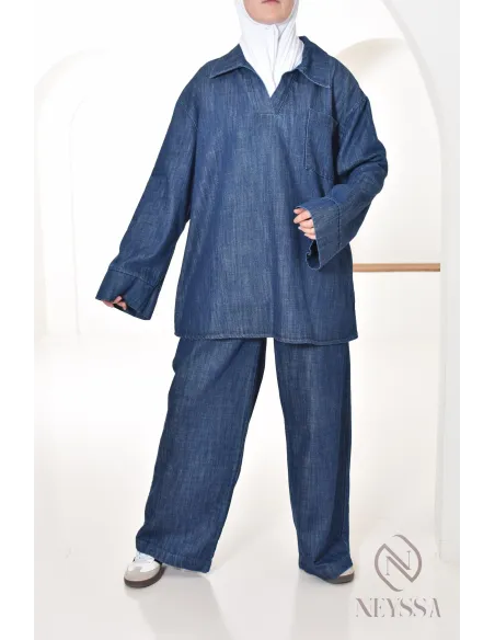 ensemble femme chemise et pantalon effet jean, look tendance modeste