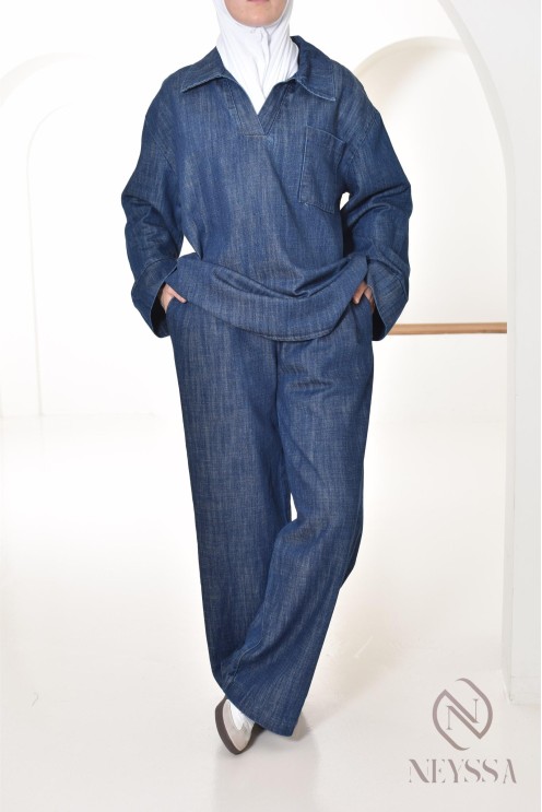 women's jeans-effect shirt and pants set, modest look
