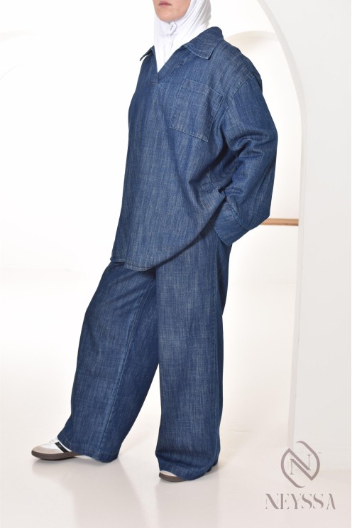 women's jeans-effect shirt and pants set, modest look