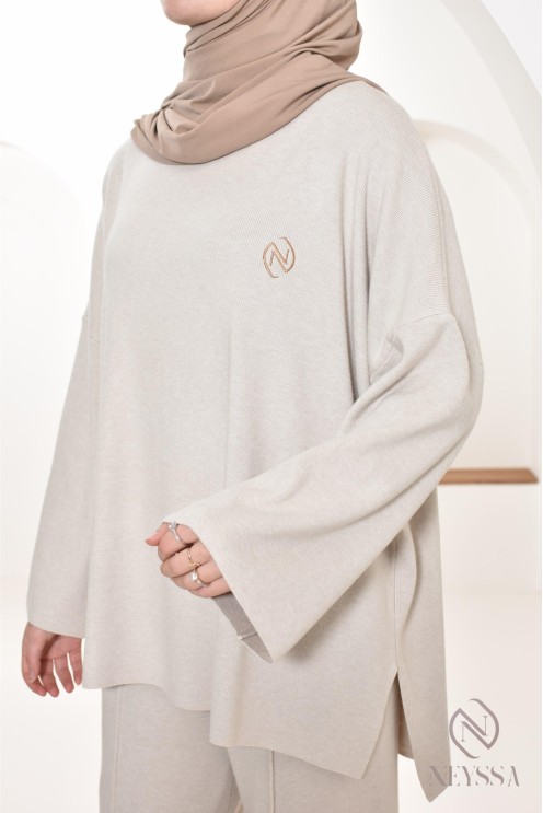 beige woven knit set hijabi modest outfit Neyssa Confection