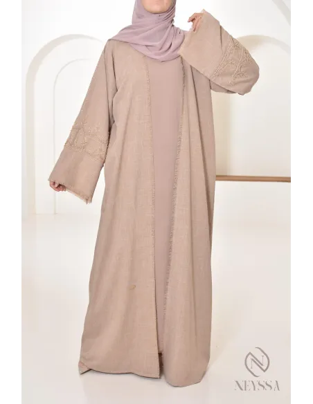 Abaya kimono Dubaï latté confection aux Emirats, high quality, hijabi