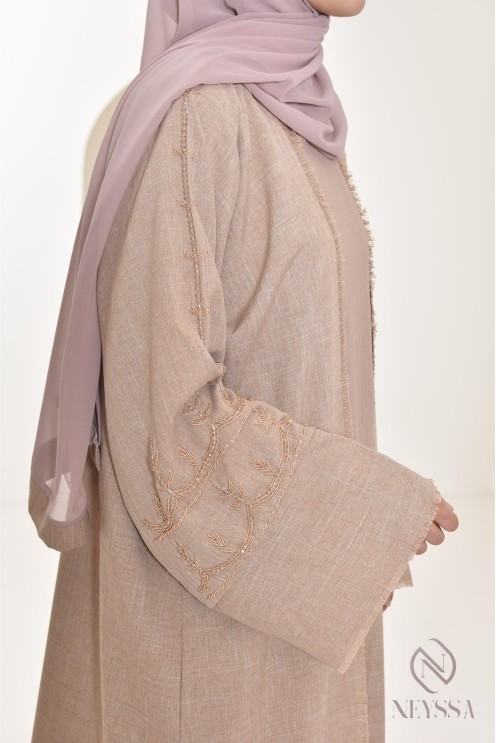Abaya kimono Dubaï latté confection aux Emirats, high quality, hijabi