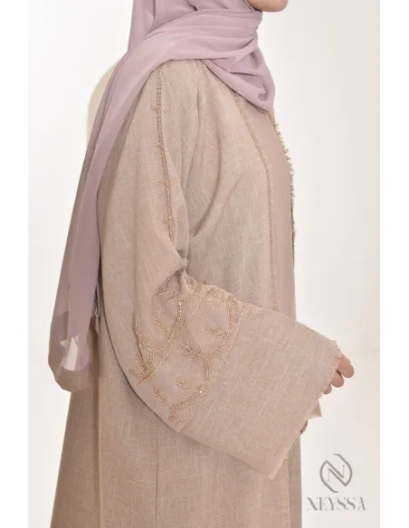 Abaya kimono Dubaï latté confection aux Emirats, high quality, hijabi