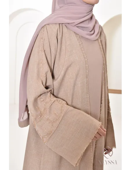 Abaya kimono Dubaï latté confection aux Emirats, high quality, hijabi