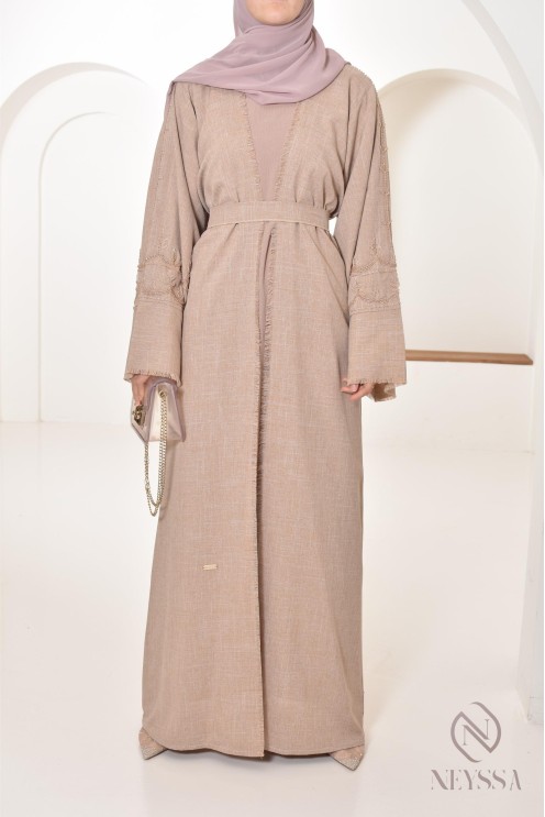 Ensemble Abaya Dubaï luxe latté confection aux Emirats, haute qualité, hijabi