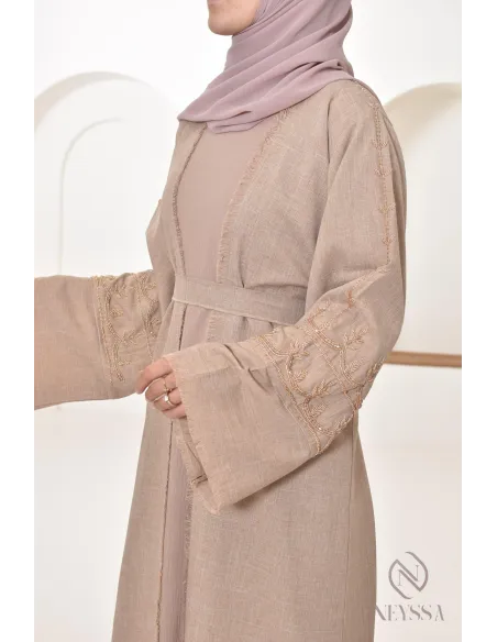 Abaya kimono Dubaï latté confection aux Emirats, high quality, hijabi