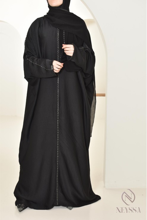 Abaya Dubaï noire hijab intégré idéale pour la prière, ramadan 2025