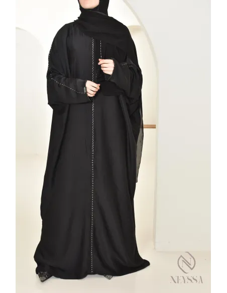 Abaya Dubaï noire hijab intégré idéale pour la prière, ramadan 2025