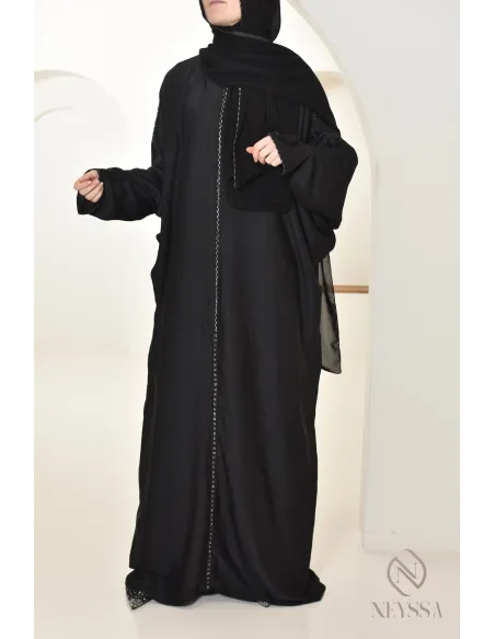 Abaya Dubaï noire hijab intégré idéale pour la prière, ramadan 2025