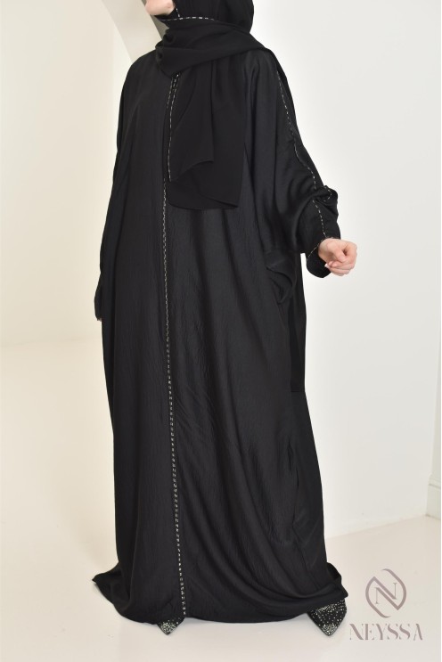 Abaya Dubaï noire hijab intégré idéale pour la prière, ramadan 2025