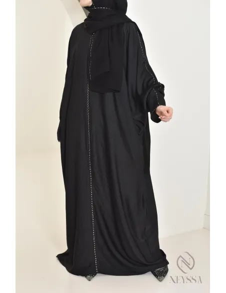 Abaya Dubaï noire hijab intégré idéale pour la prière, ramadan 2025