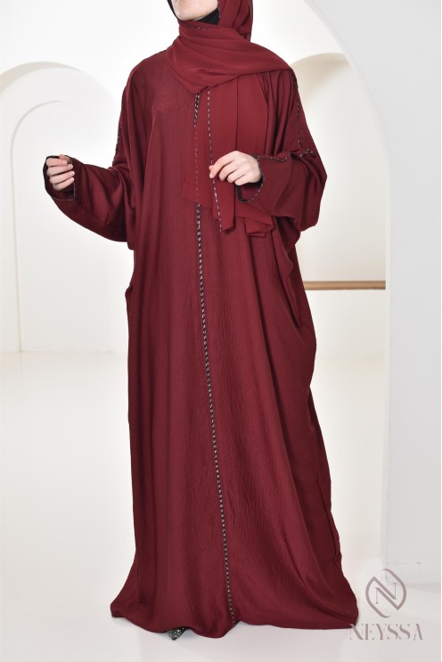 Abaya Dubai burgundy for women hijabi, abaya integrated hijab Aid 2025