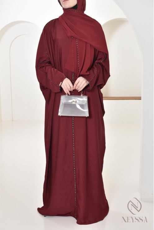 Abaya Dubaï bordeaux pour femme hijabi, abaya hijab intégré Aid 2025