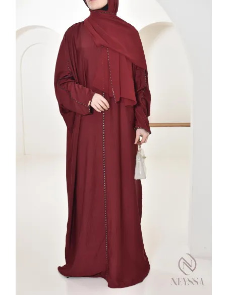 Abaya Dubaï bordeaux pour femme hijabi, abaya hijab intégré Aid 2025
