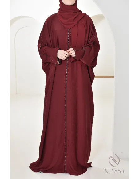 Abaya Dubaï bordeaux pour femme hijabi, abaya hijab intégré Aid 2025