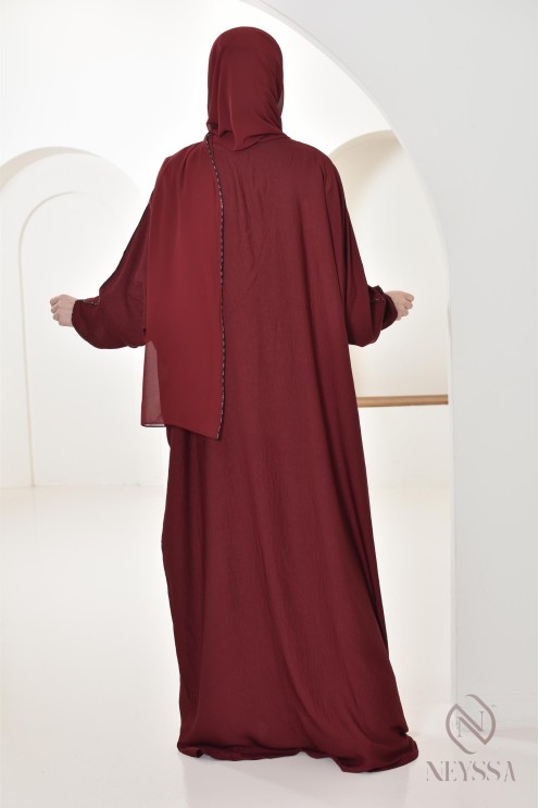 Abaya Dubaï bordeaux pour femme hijabi, abaya hijab intégré Aid 2025