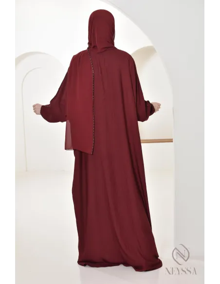 Abaya Dubaï bordeaux pour femme hijabi, abaya hijab intégré Aid 2025
