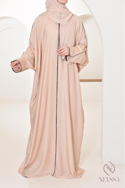 Abaya Dubaï long beige integrated veil and rhinestones veiled women