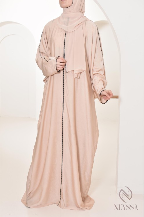 Abaya Dubaï long beige integrated veil and rhinestones veiled women