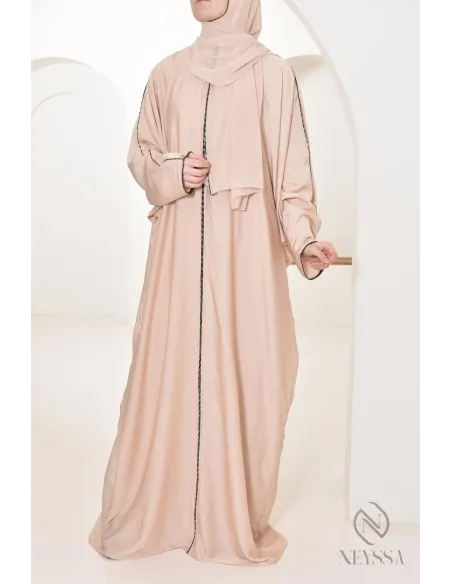 Abaya Dubaï long beige integrated veil and rhinestones veiled women