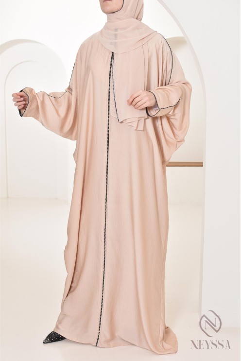  Abaya Dubaï  longue beige  voile intégré et strass pour femme voilée