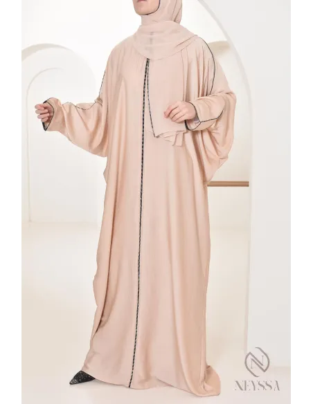  Abaya Dubaï  longue beige  voile intégré et strass pour femme voilée