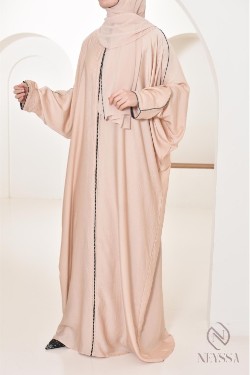 Abaya Dubaï long beige integrated veil and rhinestones veiled women