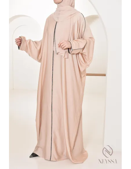 Abaya Dubaï long beige integrated veil and rhinestones veiled women
