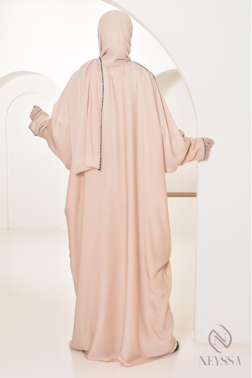 Abaya Dubaï long beige integrated veil and rhinestones veiled women