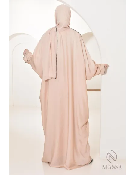 Abaya Dubaï long beige integrated veil and rhinestones veiled women