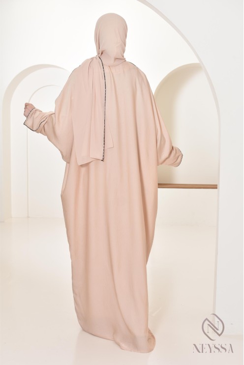 Abaya Dubaï long beige integrated veil and rhinestones veiled women