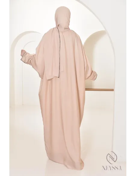 Abaya Dubaï long beige integrated veil and rhinestones veiled women